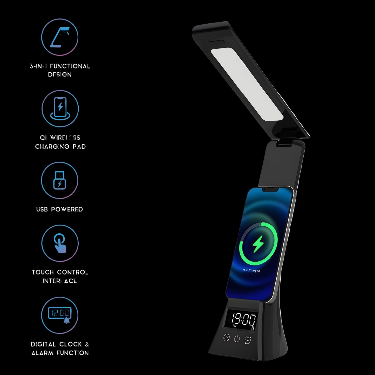 Pursonic 3-in-1 LED Desk Lamp with Wireless Charger and Alarm Clock – Sleek, Smart, and Space-Saving