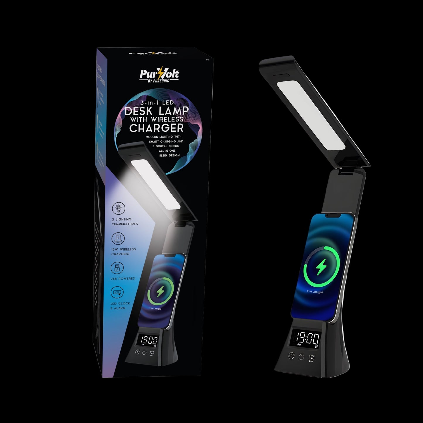 Pursonic 3-in-1 LED Desk Lamp with Wireless Charger and Alarm Clock – Sleek, Smart, and Space-Saving